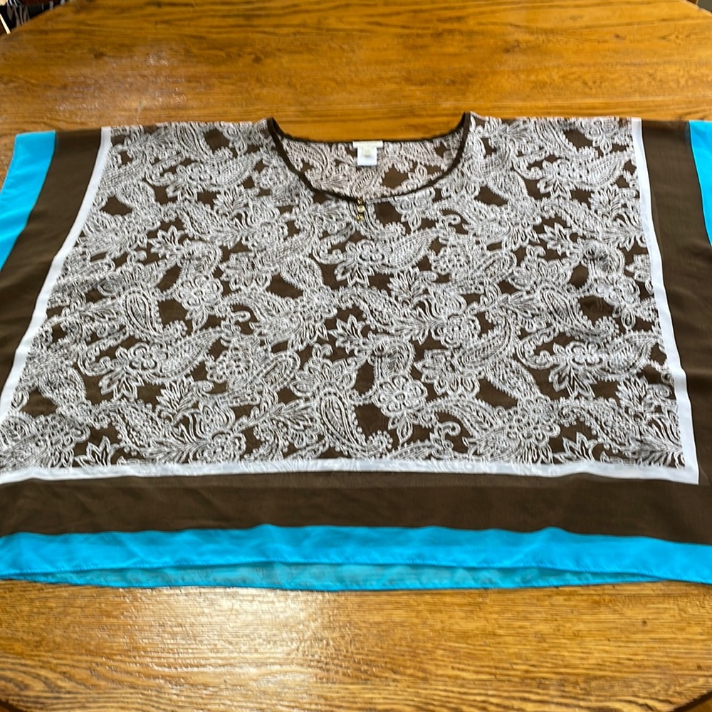 Talbots polyester sheer top, small/medium.  Teal and brown floral.